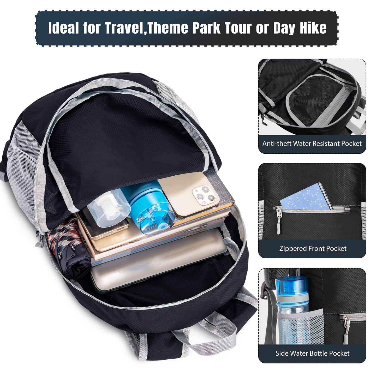 ZOMAKE Ultra Lightweight Hiking Backpack 20L, Packable Small Backpacks Water Resistant Daypack for Women Men(Black)