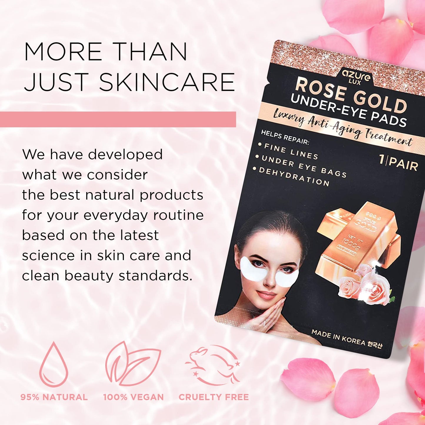 Azure Cosmetics Rose Gold Luxury Anti Aging Under Eye Pads - Lifting, Smoothing & Hydrating Eye Mask Patches - Reduces Fine Lines, Wrinkles, Dark Circles & Puffiness - Made in Korea - 5 Pairs