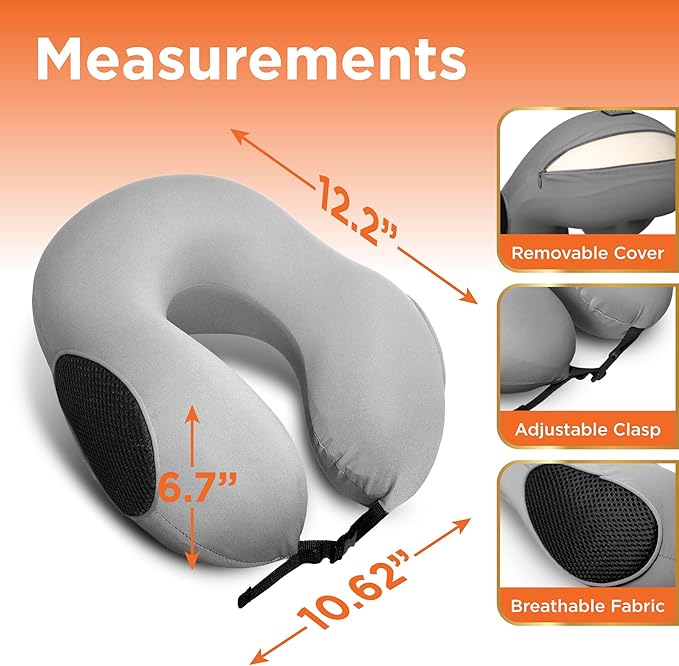 BLACK+DECKER Memory Foam Travel Neck Pillow Travel Pillow for Plane, Car & Train| Ice Silk Cooling Fabric, Ergonomic Design, Neck Support, Washable Cover,Grey