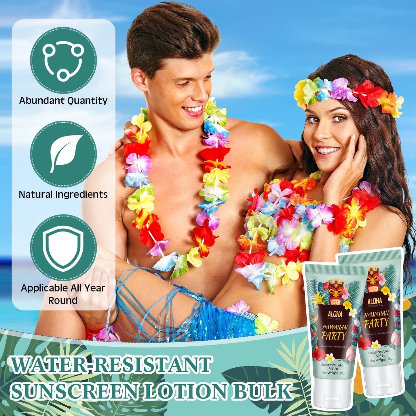 Dansib 12 Pcs Mini Sunscreen Bulk for Summer Travel Size SPF 30 Water Resistant Sunscreen Lotion Bulk for Thank You Gifts Wedding Bridal Shower Favors for Wedding Party(White Cream,Hawaiian Party)