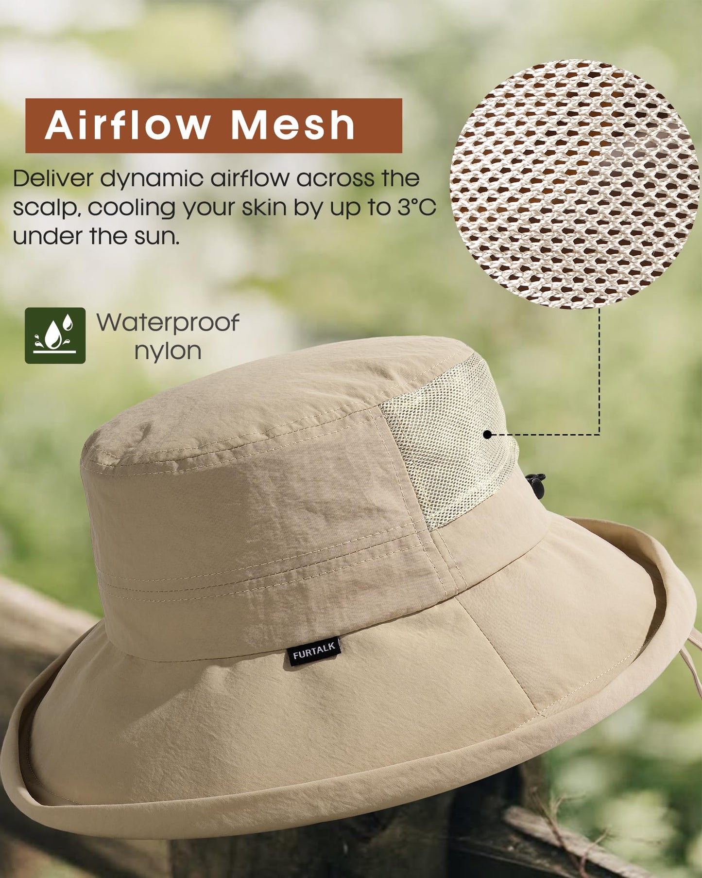 FURTALK Wide Brim Sun Hat with Ponytail Hole for Women UPF 80+ UV Protection Packable Bucket Hiking Travel Outdoor Hat Khaki