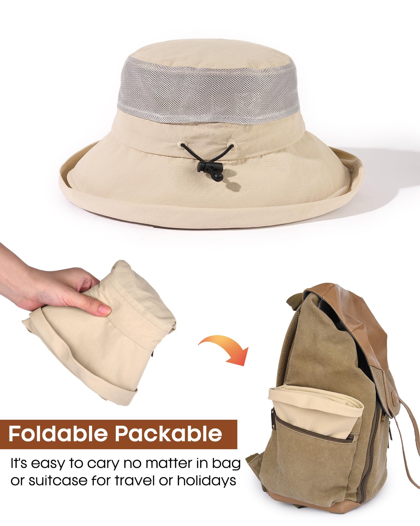 FURTALK Wide Brim Sun Hat with Ponytail Hole for Women UPF 80+ UV Protection Packable Bucket Hiking Travel Outdoor Hat Khaki