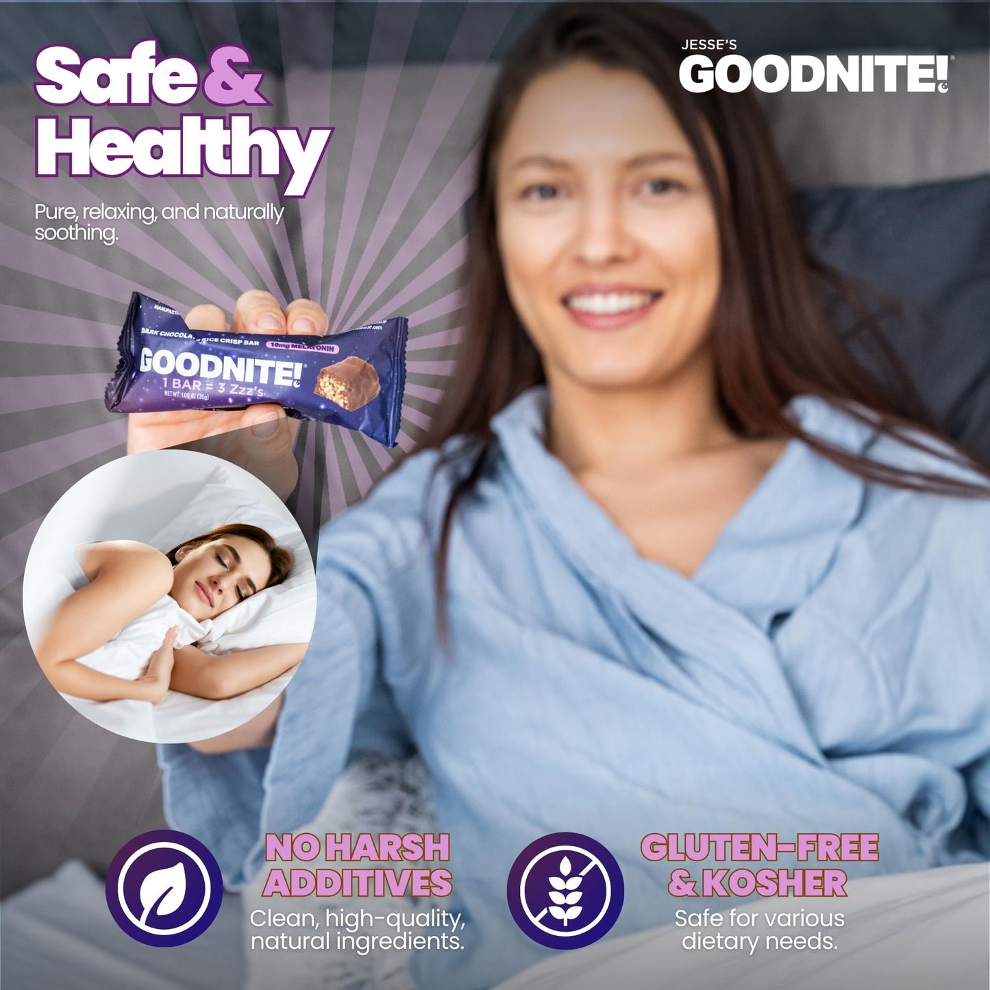 GOODNITE! Sleep Bites – Proprietary Blend with 5mg Melatonin & L-Theanine – Vegan, Gluten-Free, Kosher – Dark Chocolate Protein Snack for Restful Sleep – 8 Pack
