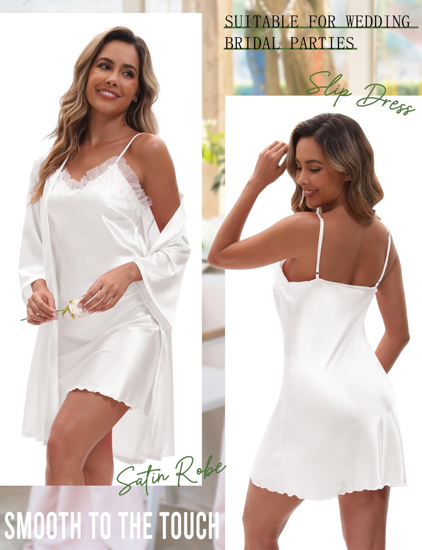 EPLAZA Bride Robe for Wedding Day Set Bridal Robes Satin Robe with Sexy Silk Lingerie for Bachelorette Party Getting Ready (White, M)