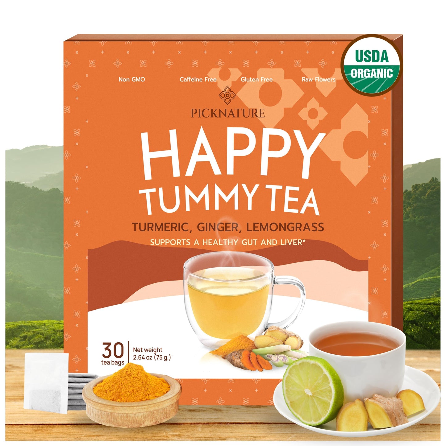 PICKNATURE USDA Organic Happy Tummy Tea - Digestive tea with Lemongrass, Turmeric, Ginger tea Freshly Picked from Thailand| 30 tea bags (100+ Cups) | Herbal Tea Gifts