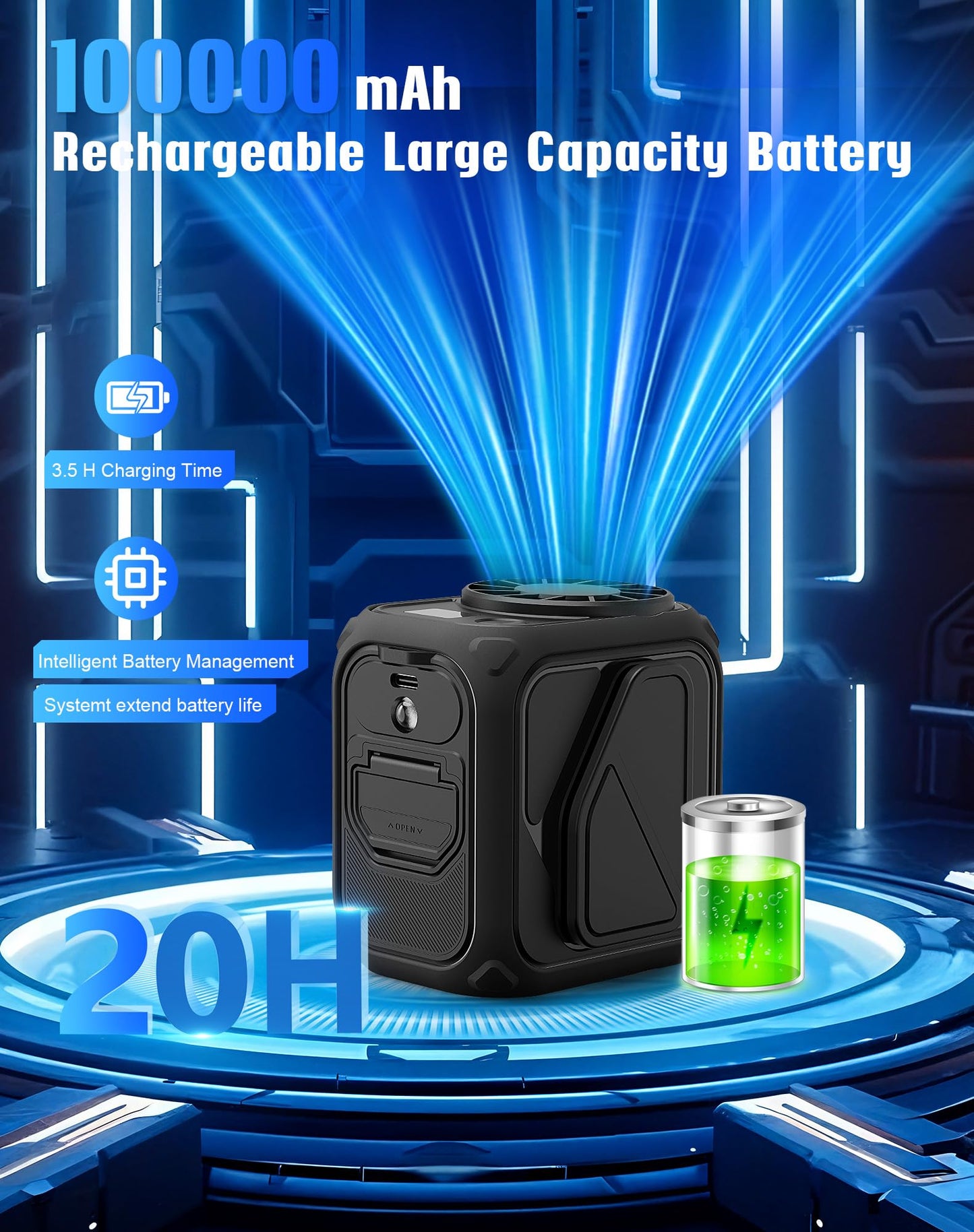 Portable Waist Fan Rechargeable,10000mAh Mini Neck Fan With AI Chip,5 Speeds Strong Airflow,Max 20H Working Time,LED Light,Personal Clip Belt Fan for Outdoor,Traveling,Jobsite(Black).