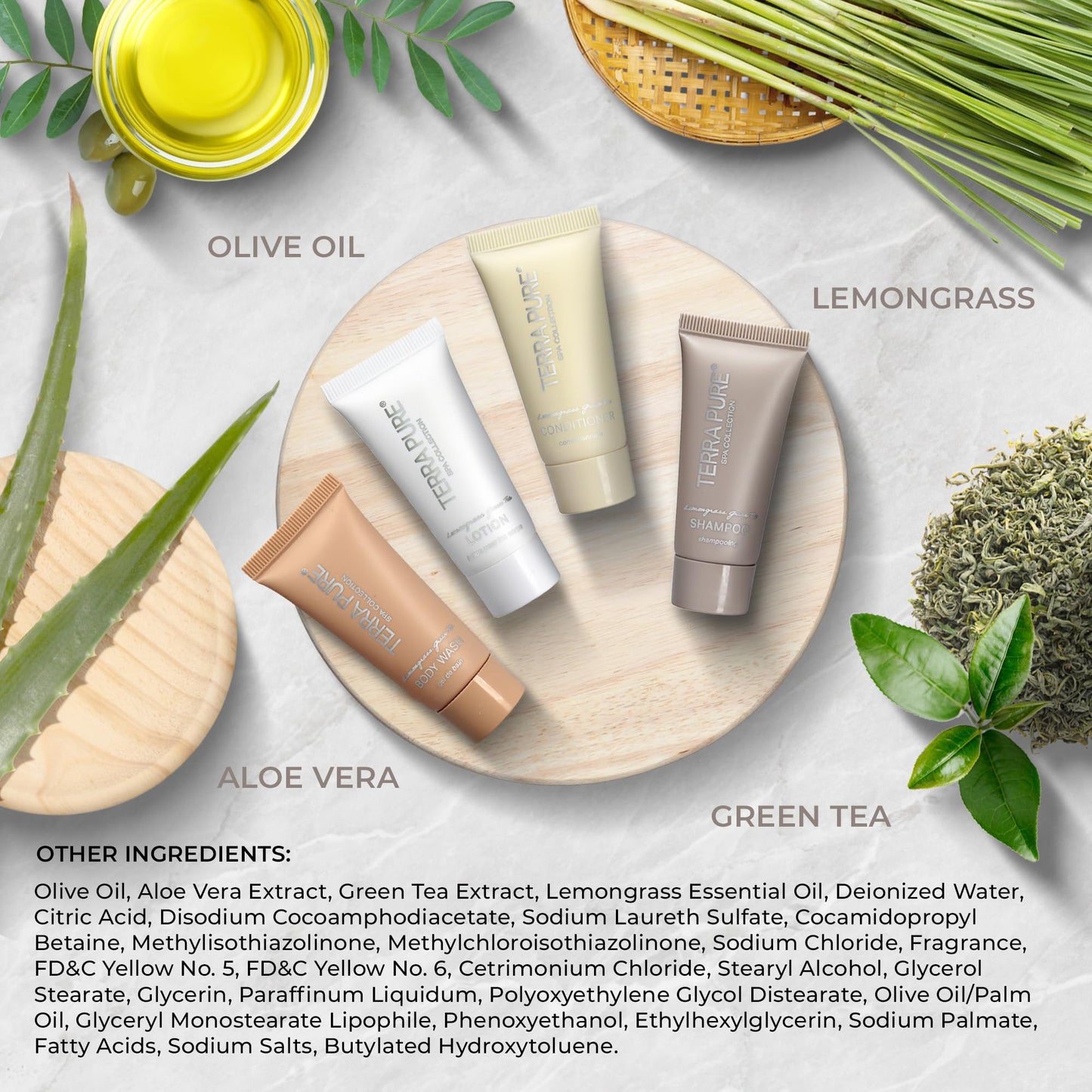 Terra Pure Spa Collection Bulk Set Toiletries | 1-Shoppe Amenities Kit for Hotels & Vacation Rentals | 0.85 oz Shampoo, Conditioner, Body Wash & Lotion | 80 Pieces