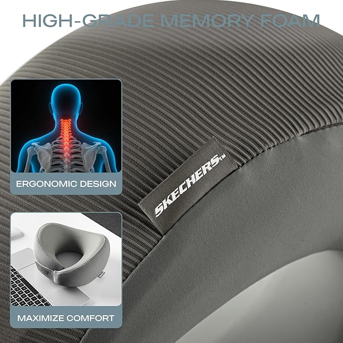 Skechers Memory Foam Neck Pillow, Comfortable & Breathable Travel Pillow,Neck Pillow Airplane for Travel, Car Rides, Home, and Office Use, Ergonomic Design for Men and Women,Grey