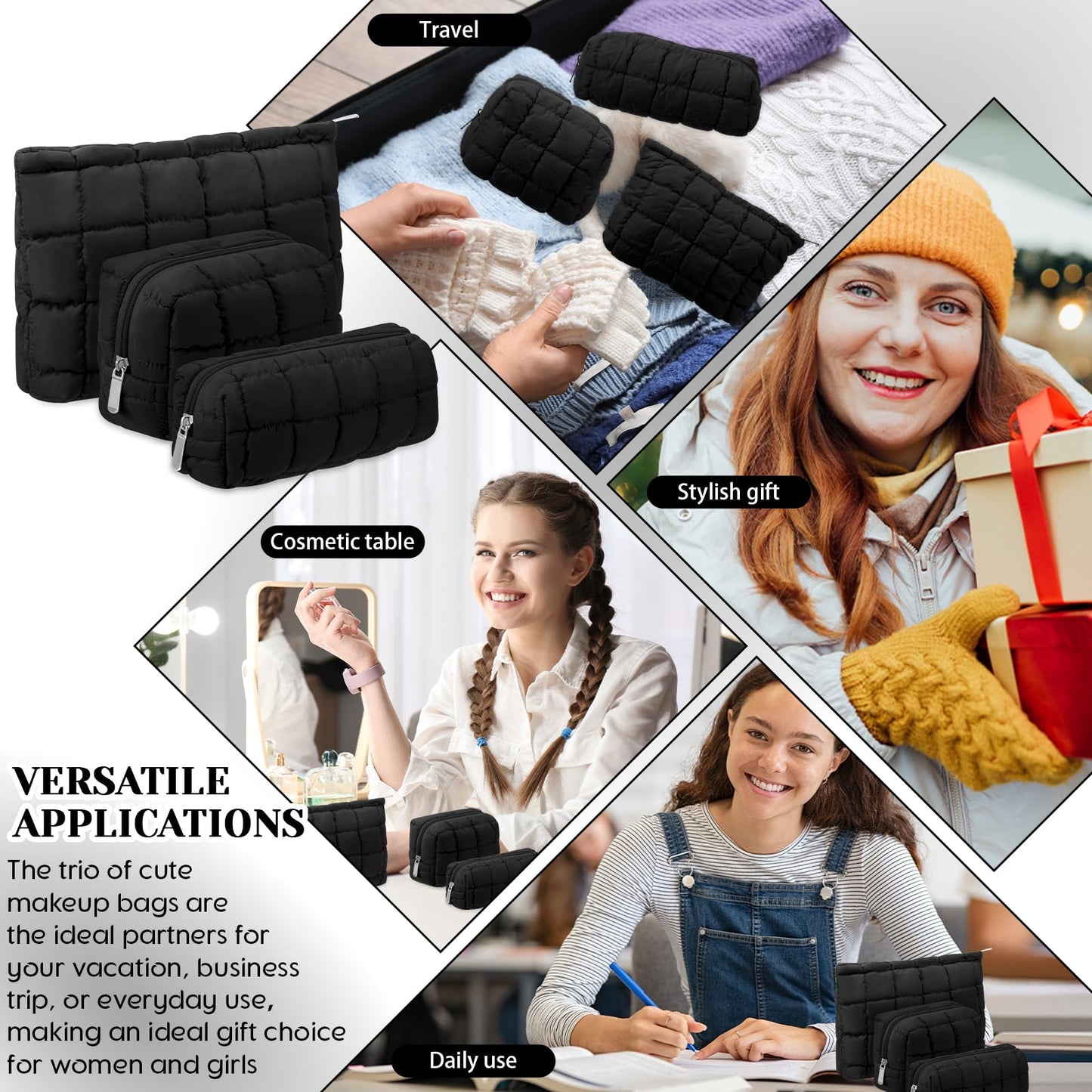 Huhumy 3 Pcs Puffy Makeup Bag Quilted Cosmetic Pouch for Women Cute Checkered Travel Toiletry Bag Puffer Makeup Organizer Purse Pouch Preppy Pencil Case with Zipper