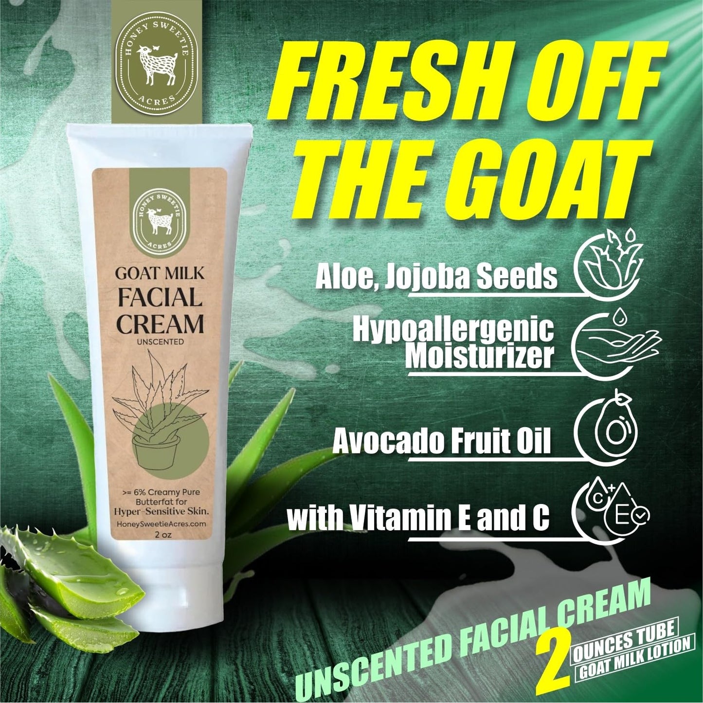 Honey Sweetie Acres Goat Milk Facial Cream – 2 oz – Moisturizer with Aloe, Jojoba & Avocado Oils, Fragrance-Free & Paraben-Free Face Cream