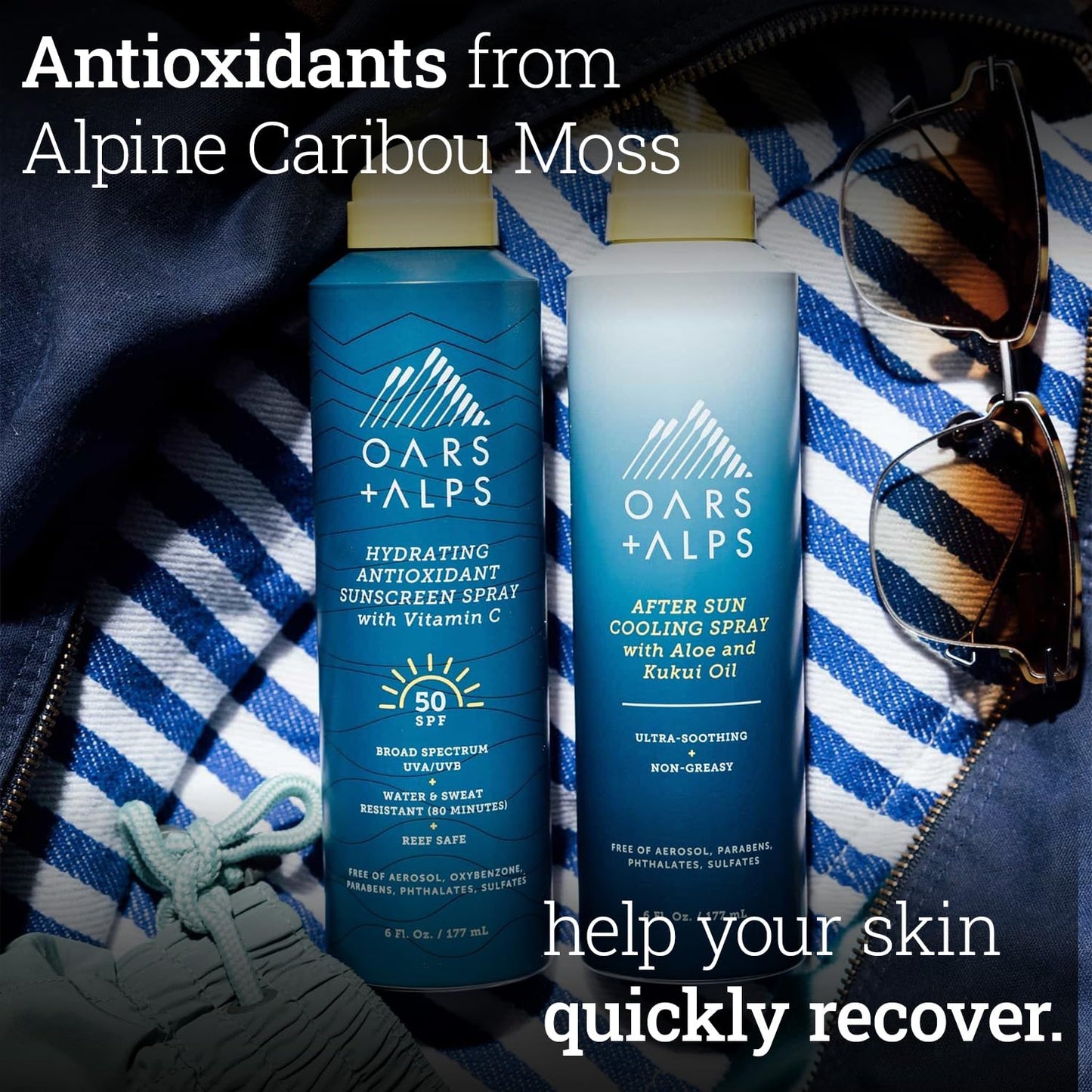 Oars + Alps After Sun Spray, After Sun Care Spray with Aloe Vera, Kukui Oil & Niacinamide & Green Tea Scent to Naturally Cool Skin, Hydrating, Soothing, Non Greasy, 6oz