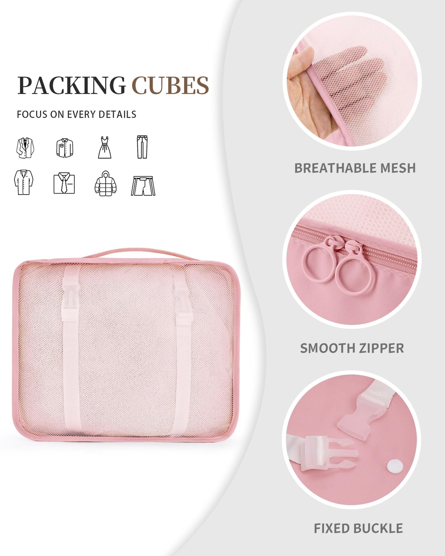 TRMFUSA Packing Cubes 11 PCS, Mesh Breathable Luggage Organizers Bags, Packing Organizers, Durable Travel Essentials Bags Set, Travel Packing Organizers, Pink