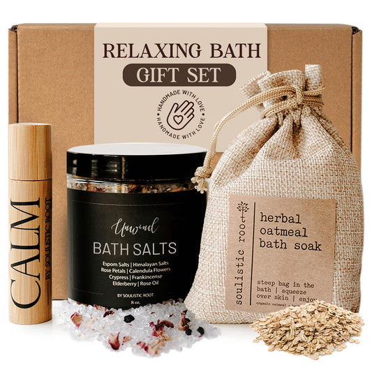 Soulistic Root Relaxing Bath Gift Set, Luxury Spa Gifts for Women, Self Care Products for Women and Men, Calm Essential Oil Roller, Oatmeal Lavender Bath Soak & Epsom Salts with Essential Oils