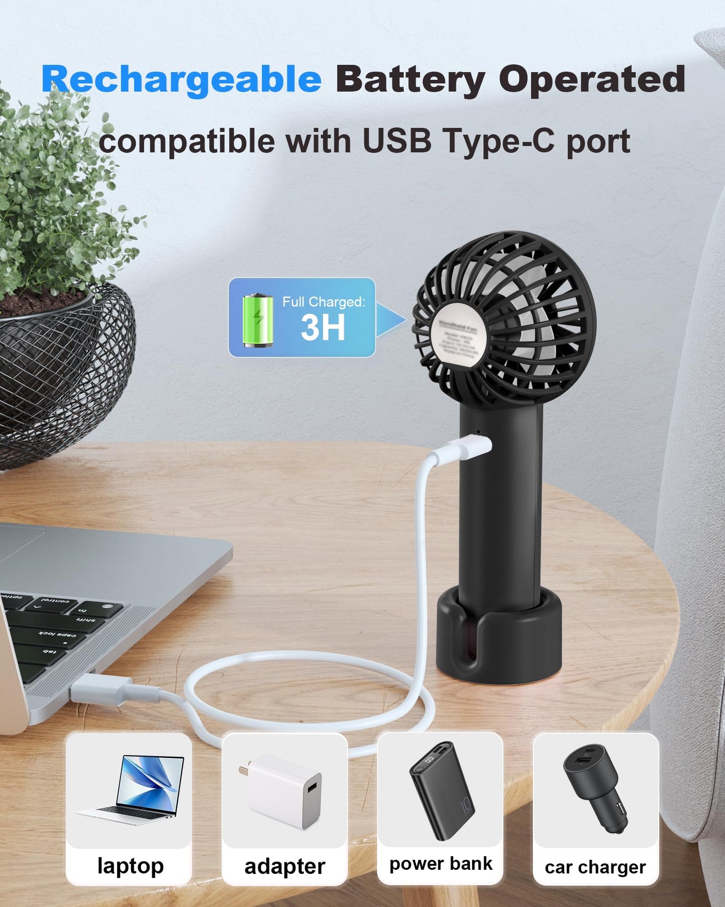 Coohea Mini Handheld Fan, Small Cute Design, 3 Powerful Speeds, USB Rechargeable Battery Operated, Personal Portable Fan with Base & Lanyard, for Eyelash Makeup Travel Beach Office Desk, Black