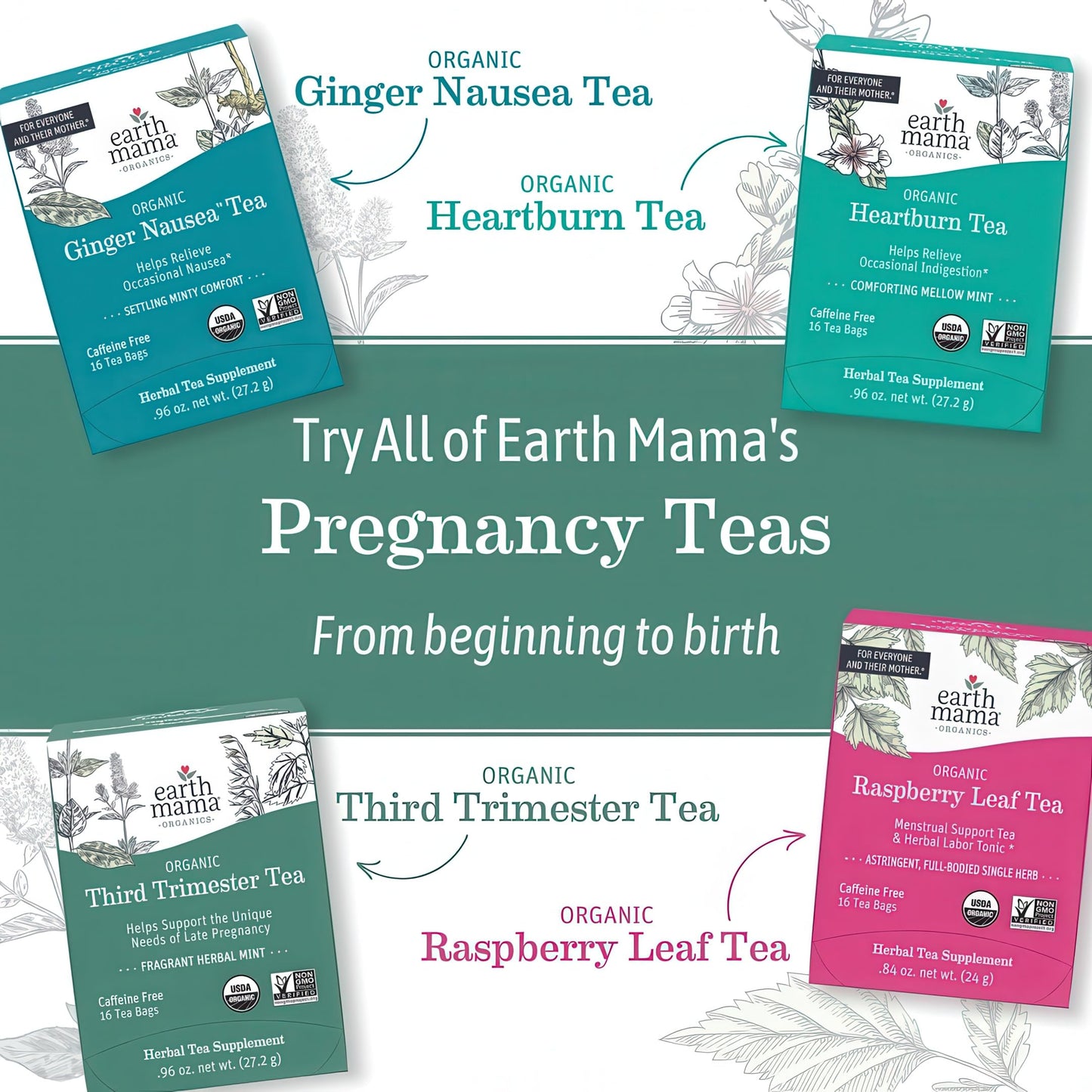 Earth Mama Organic Raspberry Leaf Tea Bags | Labor Tonic & Menstrual Support Herbal Tea, Red Raspberry Leaf Tea for Pregnancy & Postpartum Care Recovery, Caffeine Free Tea, Non GMO, (16-Teabags, 2-Pk)