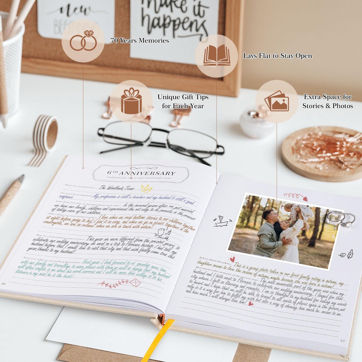 Lanpn Wedding Anniversary Journal Book Memories of Us, Linen Dating to 70th Wedding Scrapbook Notebook Memory Book, Newlywed Marriage Couple Anniversary Journal Bridal Shower Gifts (Beige, 190 Pages)