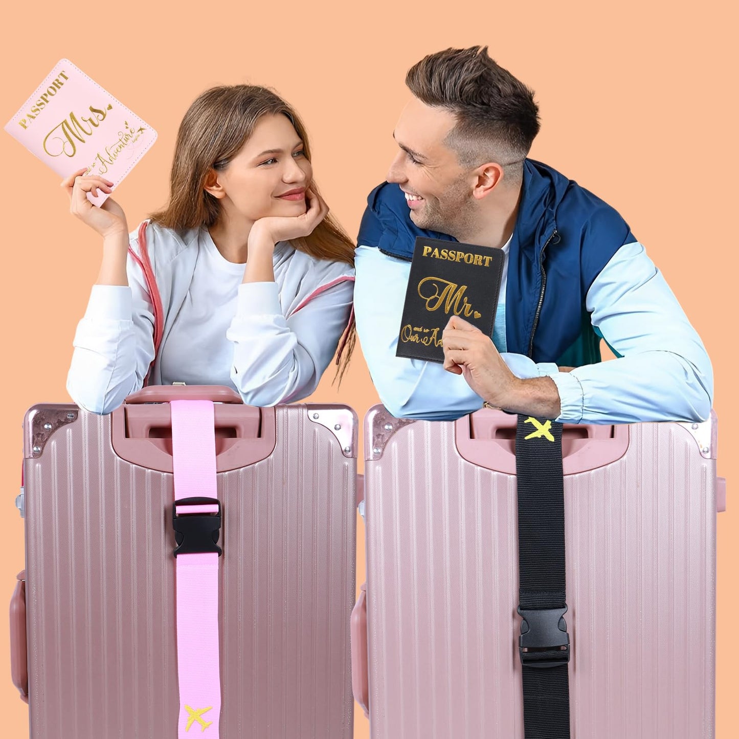 Mr and Mrs Luggage Straps for Suitcases with Matching Passport Holders, Honeymoon Wedding Travel Gift Set for Couples, Bridal Shower Gifts, Newlyweds, Bride, Valentine's Day (Black & Pink)