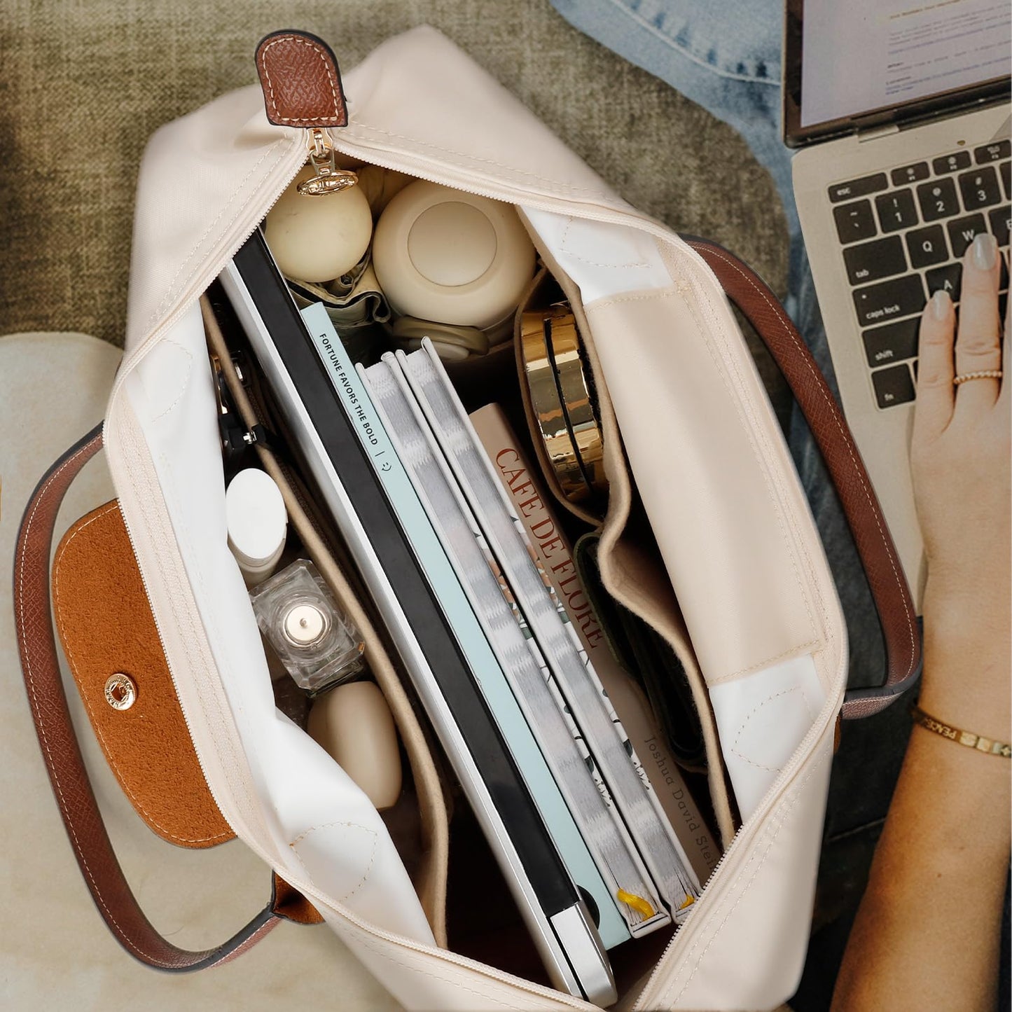 SEAFTE Tote Bag for Women with Purse Organizer Insert, Foldable Large Capacity Waterproof Nylon Bag for Travel, Work, and Daily Use,Paper