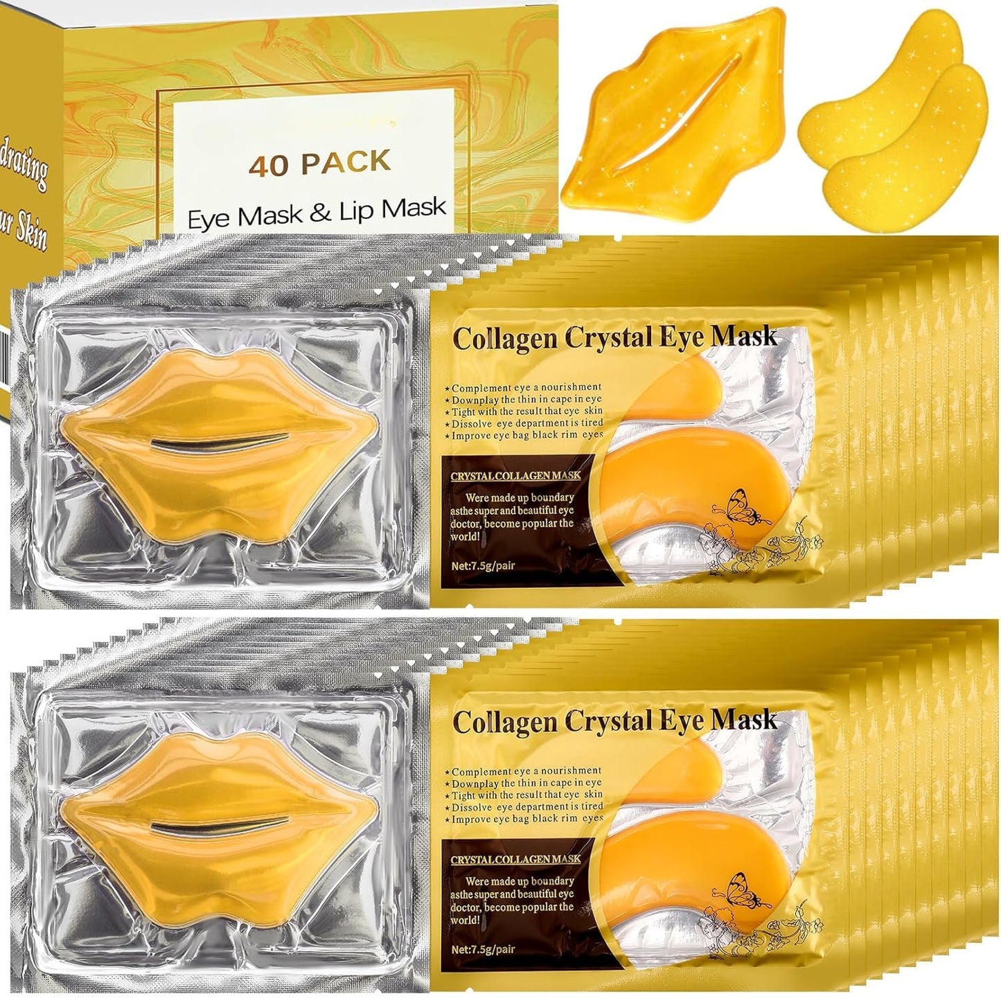 Yihurlm 40 Pcs Lip and Eye Mask Set,Collagen Lip Mask Sheet and Under Eye Patches,Gold Lips Masks Skincare,Gold Gel Crystal Collagen Eye Patches,Moisturizing Reducing Fine Lines & Dark Circle