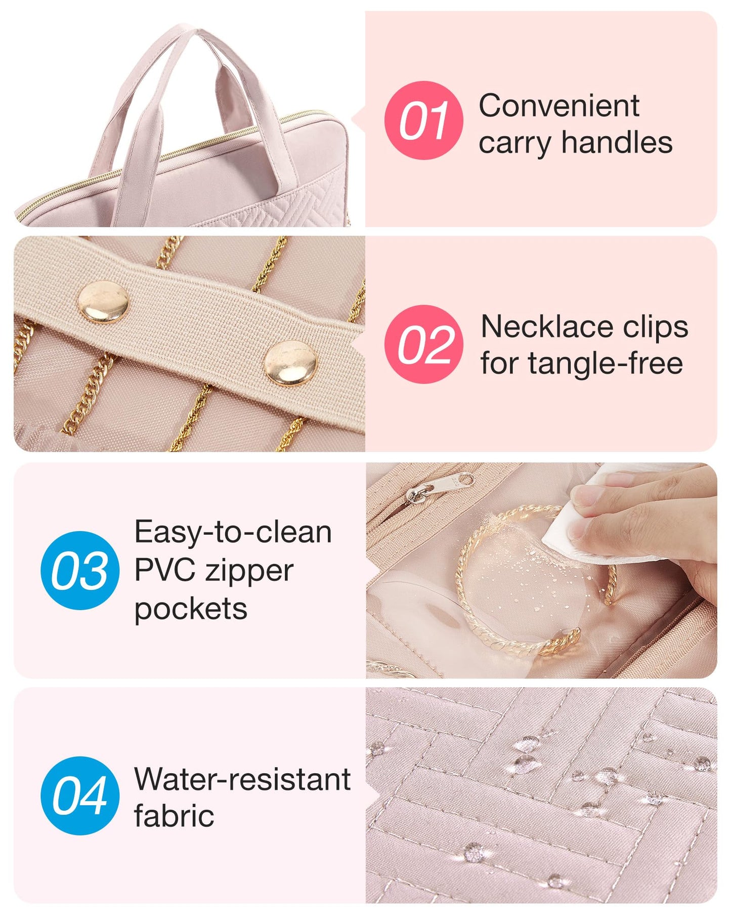 BAGSMART Travel Jewelry Case, Hanging Roll Jewelry Bag with Zipper Pockets Jewelry from Oxidation, Large Capacity for Earrings, Necklaces, Rings on Closet, Wall, Door, Portable Travel Essentials, Pink