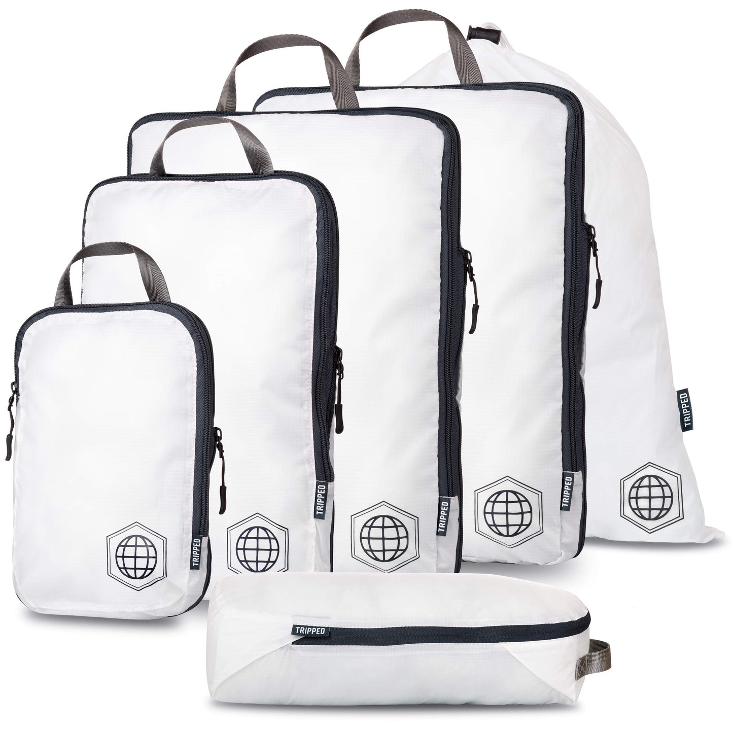 Large Compression Packing Cubes 6 Piece Set for Travel with Lightweight Laundry Bag for Carry-On Suitcase by TRIPPED Travel Gear (White)