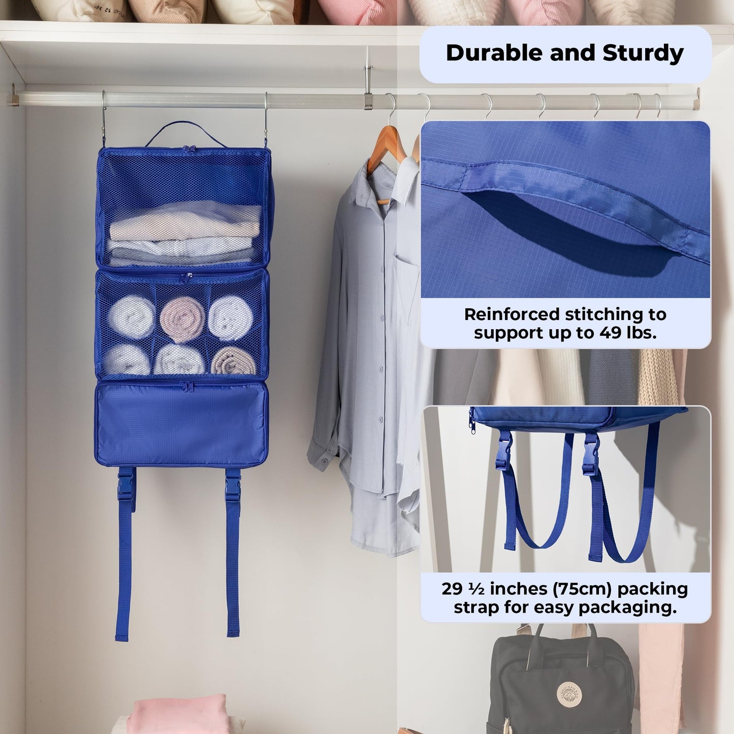 GRANNY SAYS Hanging Packing Cubes for Travel, Large Portable Hanging Suitcase Organizer, Foldable Compression Luggage Organizer Bags for Clothes, Carry on Closet Suitcase, XL-Blue Travel Shelves