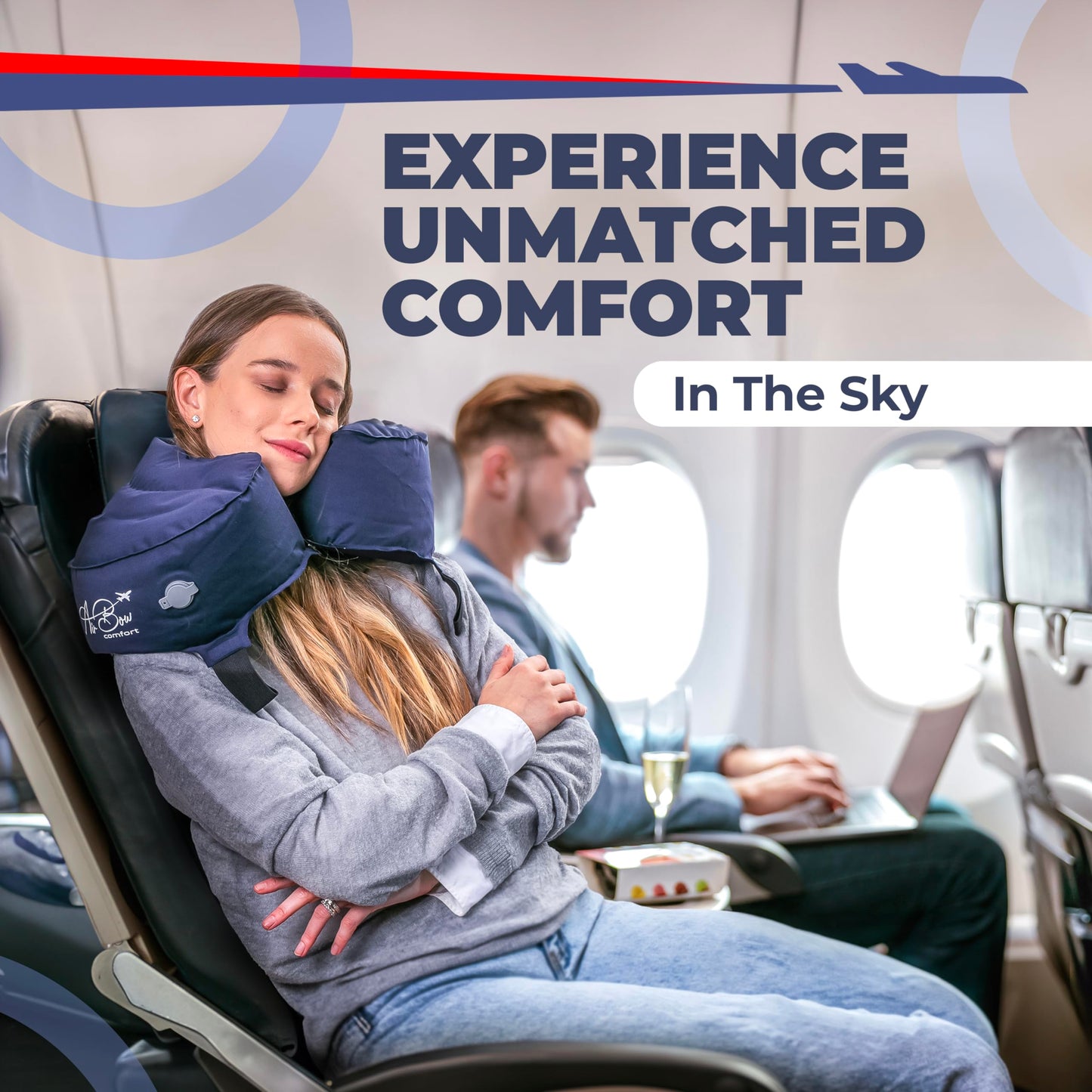 Air Bow Comfortable Travel Pillow - Airplane Pillow for Head, Neck, & Chin Rest, Inflatable & Soft Neck Pillow - Durable Material with Hygienic & Washable Cover, Easy to Inflate & Deflate (Blue)