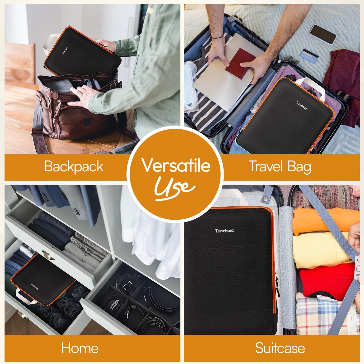 Travelvaez 6 Set Large Compression Packing Cubes, Durable Clothes Organizer for Suitcases and Carry-On Luggage, Expandable and Lightweight Packing Cubes for Travel Compression with Laundry bag, Black