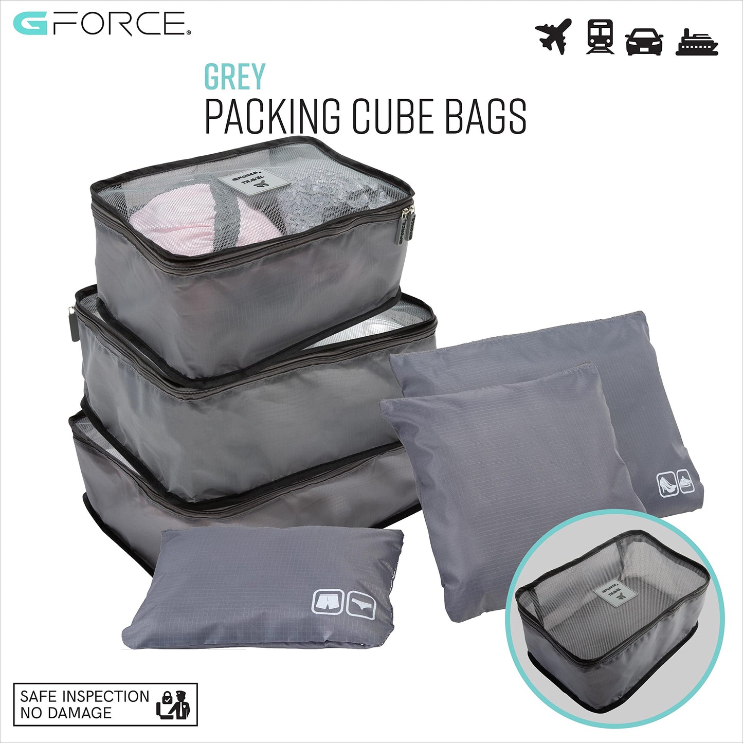GForce 6 Piece Ultimate Traveling Set | Organizer Packing Cubes | 3 Sizes | Zippered Pouches | 3 Sizes | Suitcase Organizers | Luggage Organizers | Travel Essentials | Grey