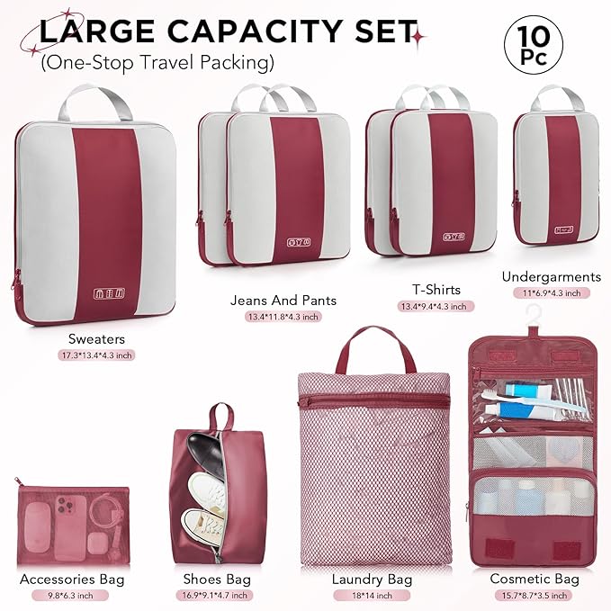 10 Set Compression Packing Cubes for Travel Essentials,Compressible Expandable Packing Cubes for Suitcase,OlarHike Luggage Organizer Bags for Travel,Handy Helper for Organizing Clothes(Wine Red)