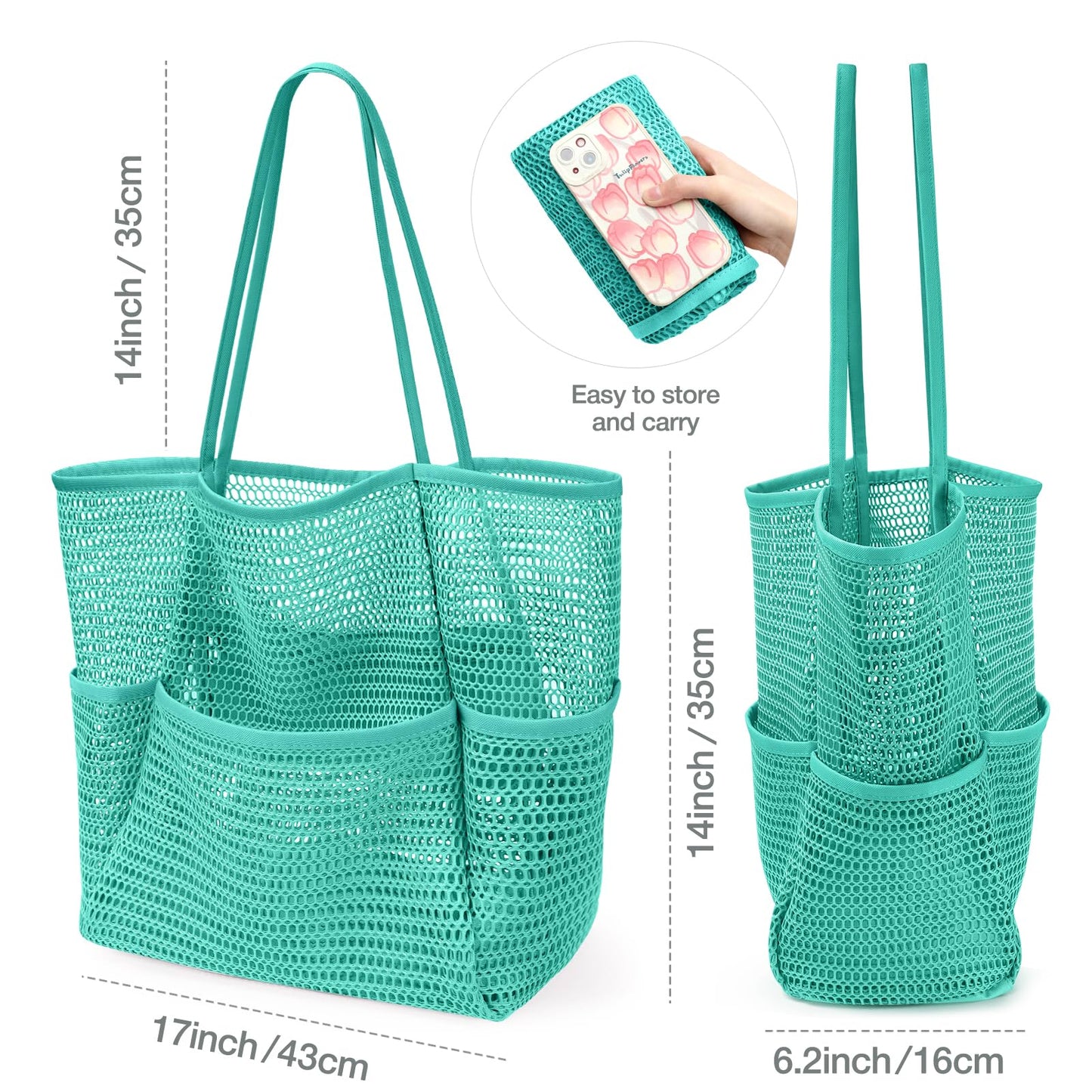 KPX Beach Bag with Mini Pocket, Beach Tote Bags for Women Large Foldable Mesh Swimming Pool Travel Bags - Sandproof (Teal)