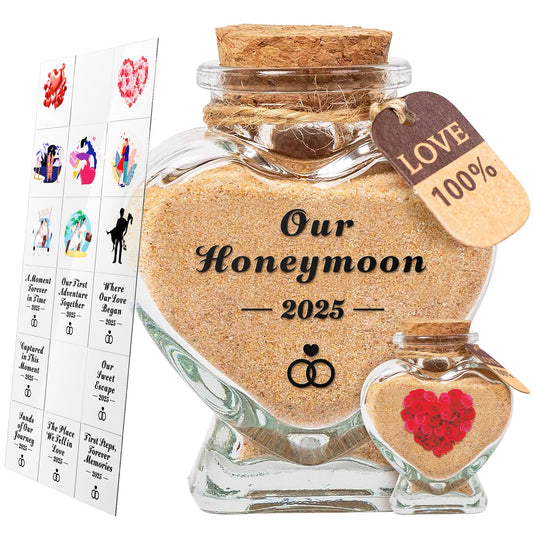 Azrra Honeymoon Sand Keepsake Jar 2025, Bridal Shower Gifts, Honeymoon Essentials for Newlywed, Engagement, Wedding Gifts for Couples 2025, Heart Shaped Jar with DIY Stickers & Gift Box