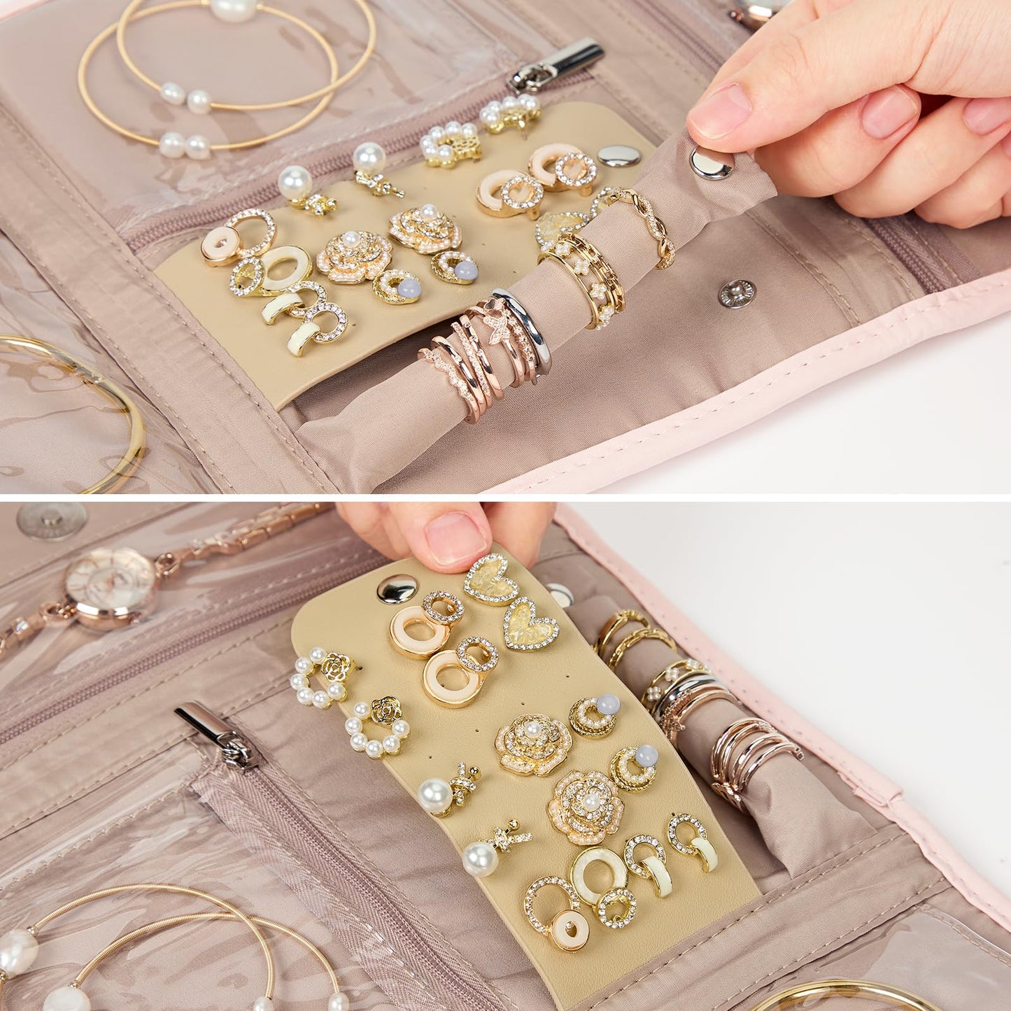 NISHEL Travel Jewelry Organizer Case, Foldable Storage Roll for Necklaces, Earrings, Bracelets, Rings, Watch, Pink