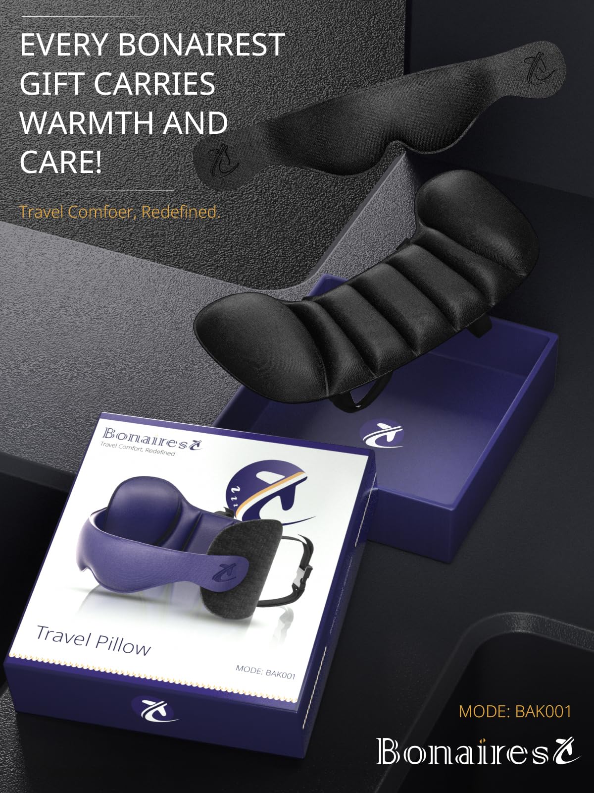 Bonairest Travel Pillow, Airplane Neck Pillow for Long Flight, Oversized Head Strap with 3D Eye Mask for Sleep, 360°Support Headrest, Stop Bobblehead, Ultimate Travel Essentials for Men Women Black