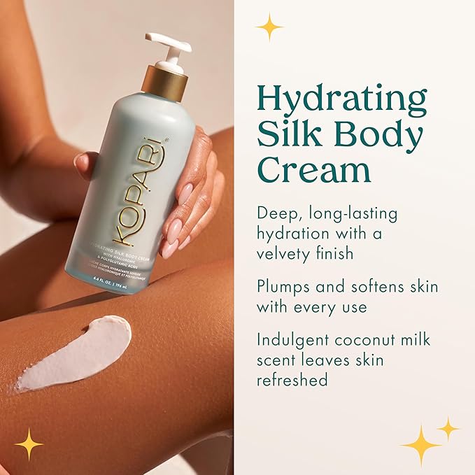 Kopari Hydrating Silk Body Cream with Hyaluronic & Polyglutamic Acids – Long Lasting Moisturizer for Dry Skin, Lightweight & Silky Texture, Sweet Coconut Milk Scent, 6.7 oz