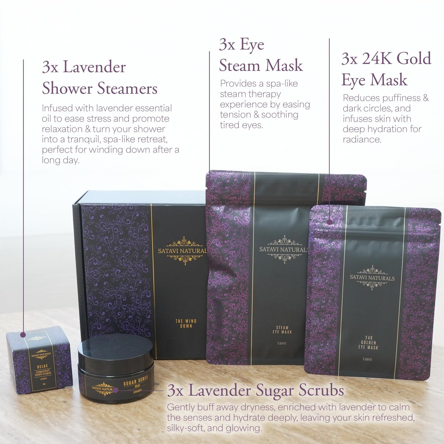 Satavi Naturals The Wind Down Self Care Set - Relaxation Kit and Care Package Including Steam Eye Mask, Lavender Sugar Scrub & Aromatherapy Shower Steamers, 24K Gold Eye Masks - Spa Gifts for Women