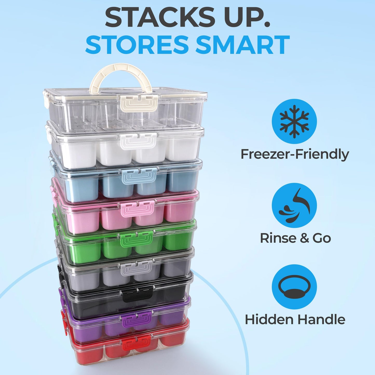 KEYVOZ Snackle Box Container with Lid- Travel Charcuterie Box with Handle - Organizer for Candy, Fruit, Nuts, Veggies, Snacks, Beach Essentials, Portable Lunch Box (Blue, Large)