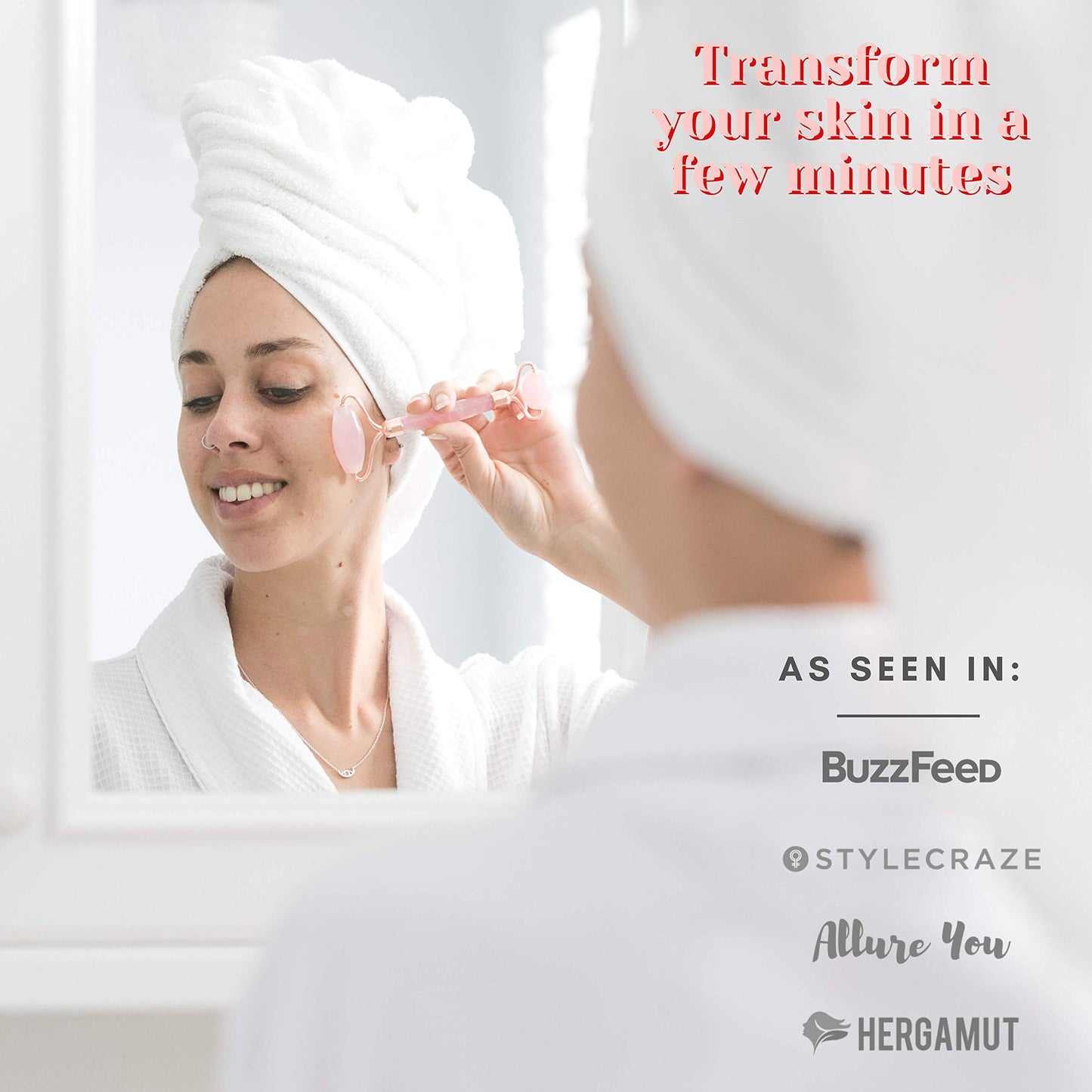 WITTY Rose Quartz Roller for Face, Gua Sha Stone Set in Hand-Drawn Giftbox - Jade Face Roller, Face Massager Roller, Face Scraper Tool - Guasha Tool for Face Roller Skin Care, Eyes, Neck - Extra Pouch