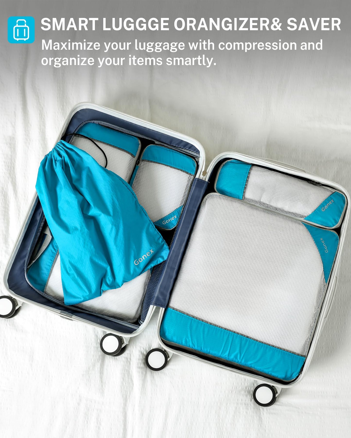 Gonex Compression Packing Cubes Mesh Organizers L+M+S+XS+Slim+Laundry Bag Blue