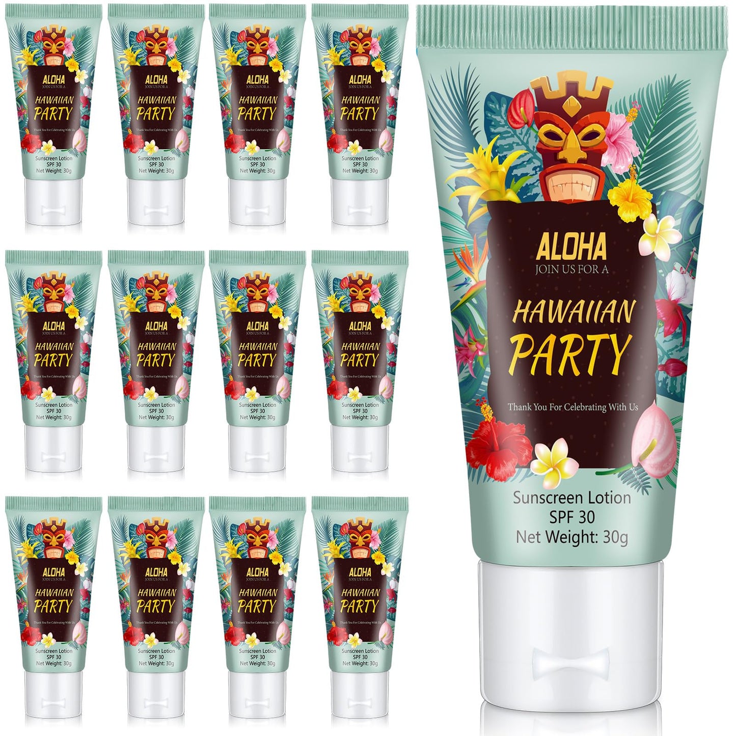 Dansib 12 Pcs Mini Sunscreen Bulk for Summer Travel Size SPF 30 Water Resistant Sunscreen Lotion Bulk for Thank You Gifts Wedding Bridal Shower Favors for Wedding Party(White Cream,Hawaiian Party)