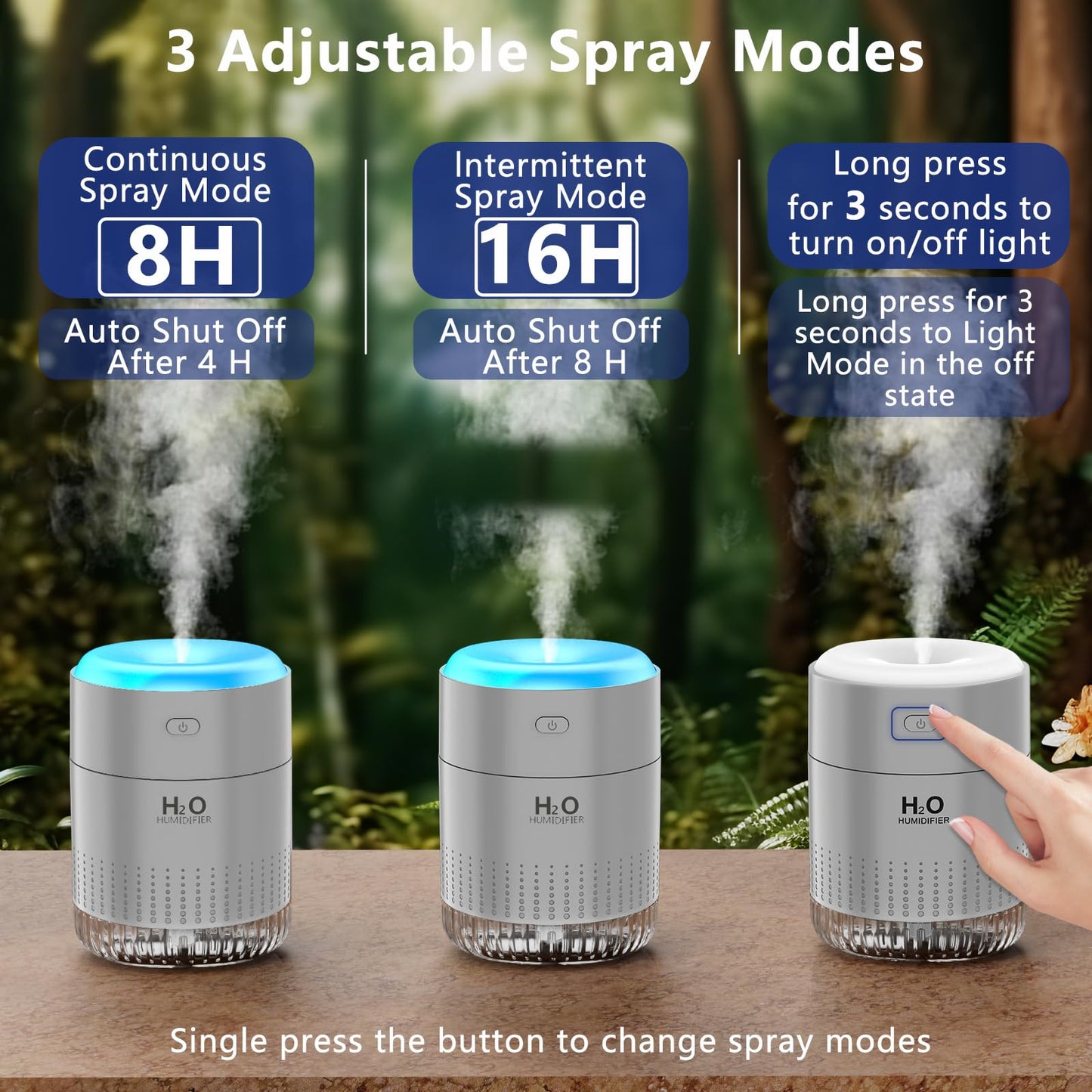 Colorful Mini Humidifier, USB Rechargeable Humidifier, small humidifier, 4 Modes Super Quiet, Humidifiers For Bedroom,Suitable For Travel Office Family Baby Bedroom-Grey