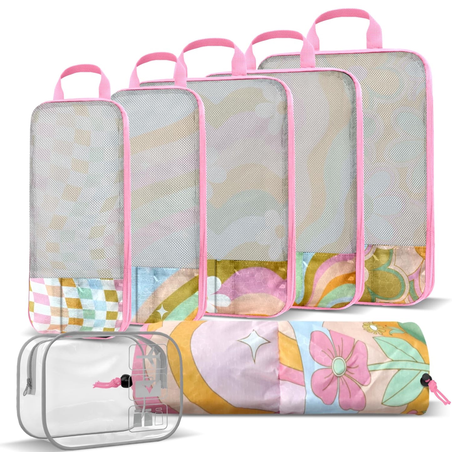 7 Piece Compression Packing Cubes Set - Boho Rainbow Flowers Ultra-Lightweight Travel Organizers with Reinforced Zippers for Luggage & Suitcases Compression Set (Durable Travel Accessories)