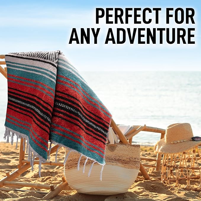 Authentic Large Handwoven Mexican Blanket - Soft Yoga - Durable Serape - Lightweight Falsa, Beach, Camping, Picnic, Outdoor 70"x50" - Mandarin