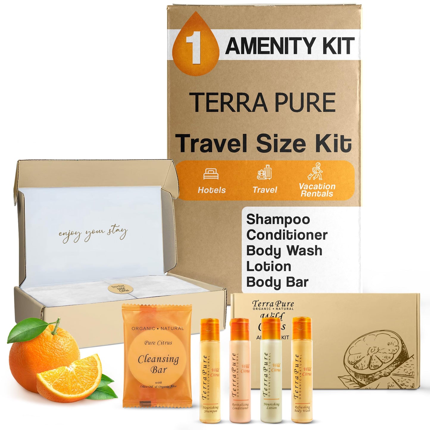 Terra Pure Amenity Kit | Boxed Hotel Toiletries Bulk Set | 1 oz Shampoo, Conditioner, Lotion, Body Wash & Cleansing Bar | 1 Set per Case