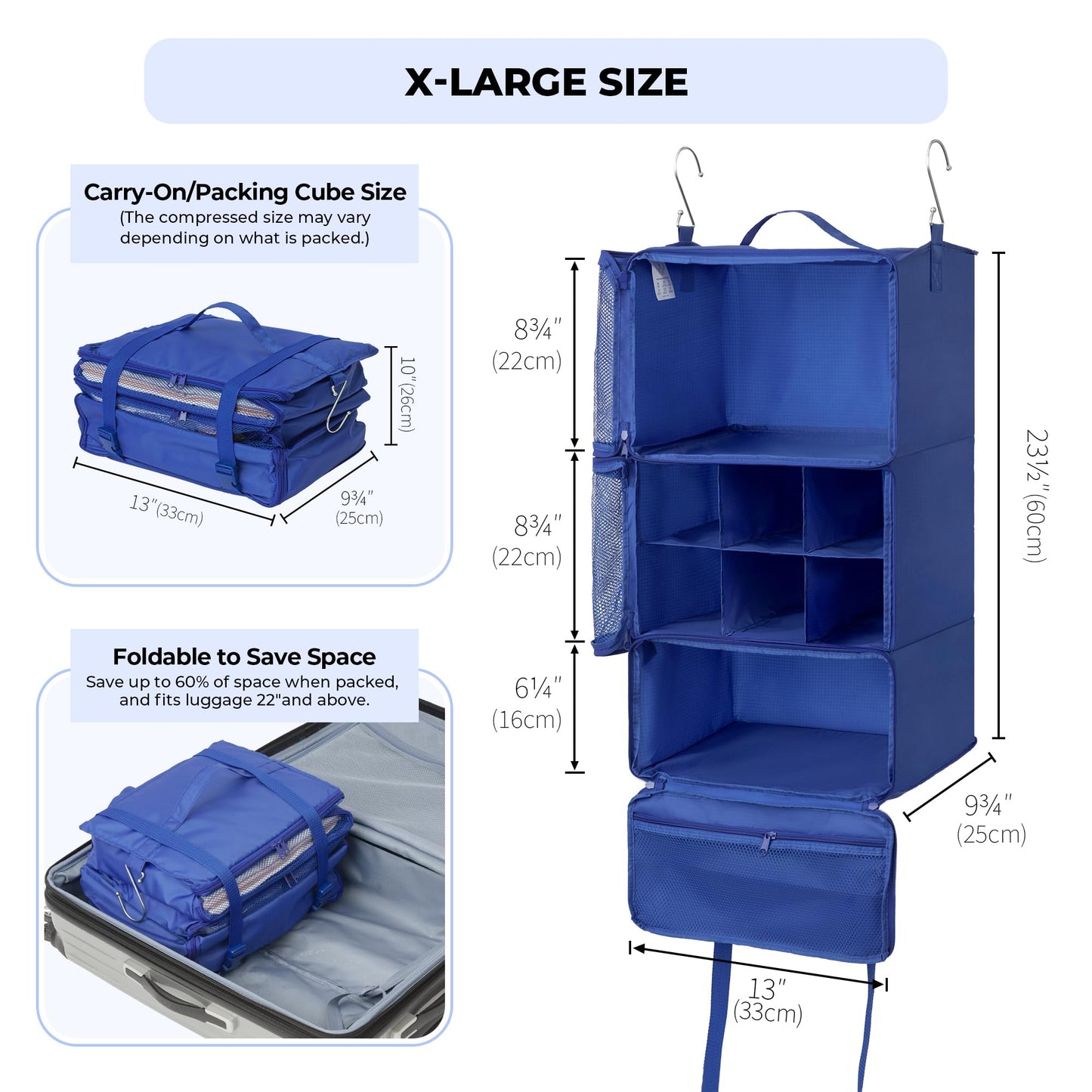 GRANNY SAYS Hanging Packing Cubes for Travel, Large Portable Hanging Suitcase Organizer, Foldable Compression Luggage Organizer Bags for Clothes, Carry on Closet Suitcase, XL-Blue Travel Shelves