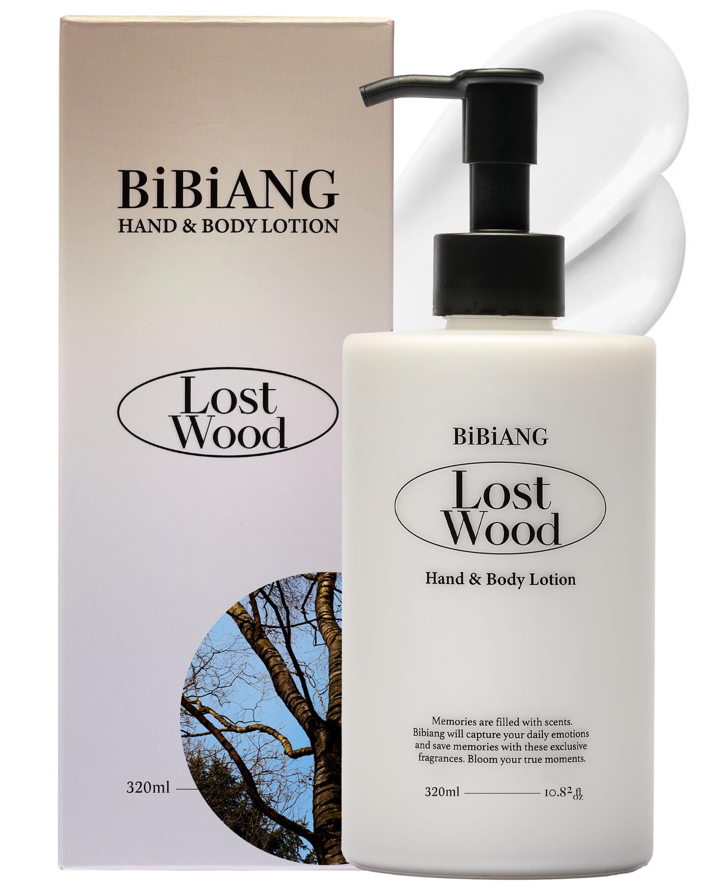 BiBiANG Lost Wood Body Lotion - Korean Body Care for Moisturizing & Nourishment - Hydrating Body Care Formula with Woody Soap Scent, Shea Butter & Jojoba Oil - 10.82 fl.oz