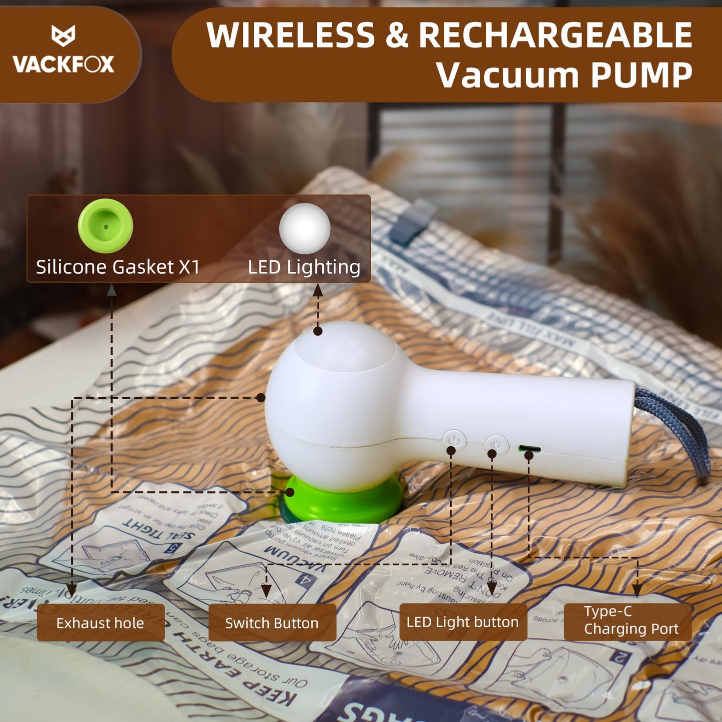 VACKFOX 6 Pack Travel Vacuum Storage Bags with Pump, Vacuum Seal Bags for Clothing, Compression Bags for Travel(2L+2M+2S), Space Saver Kit for Clothes with LED Light