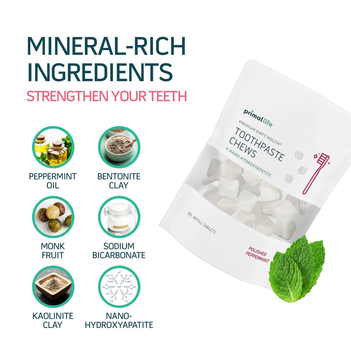 Primal Life Organics Premium Dirty Mouth Toothpaste Chews – Nano-Hydroxyapatite Whitening Toothpaste Tablets for Adults - Gluten Free, Vegan, Paleo - 60 Tablets in Bag - Polished Peppermint