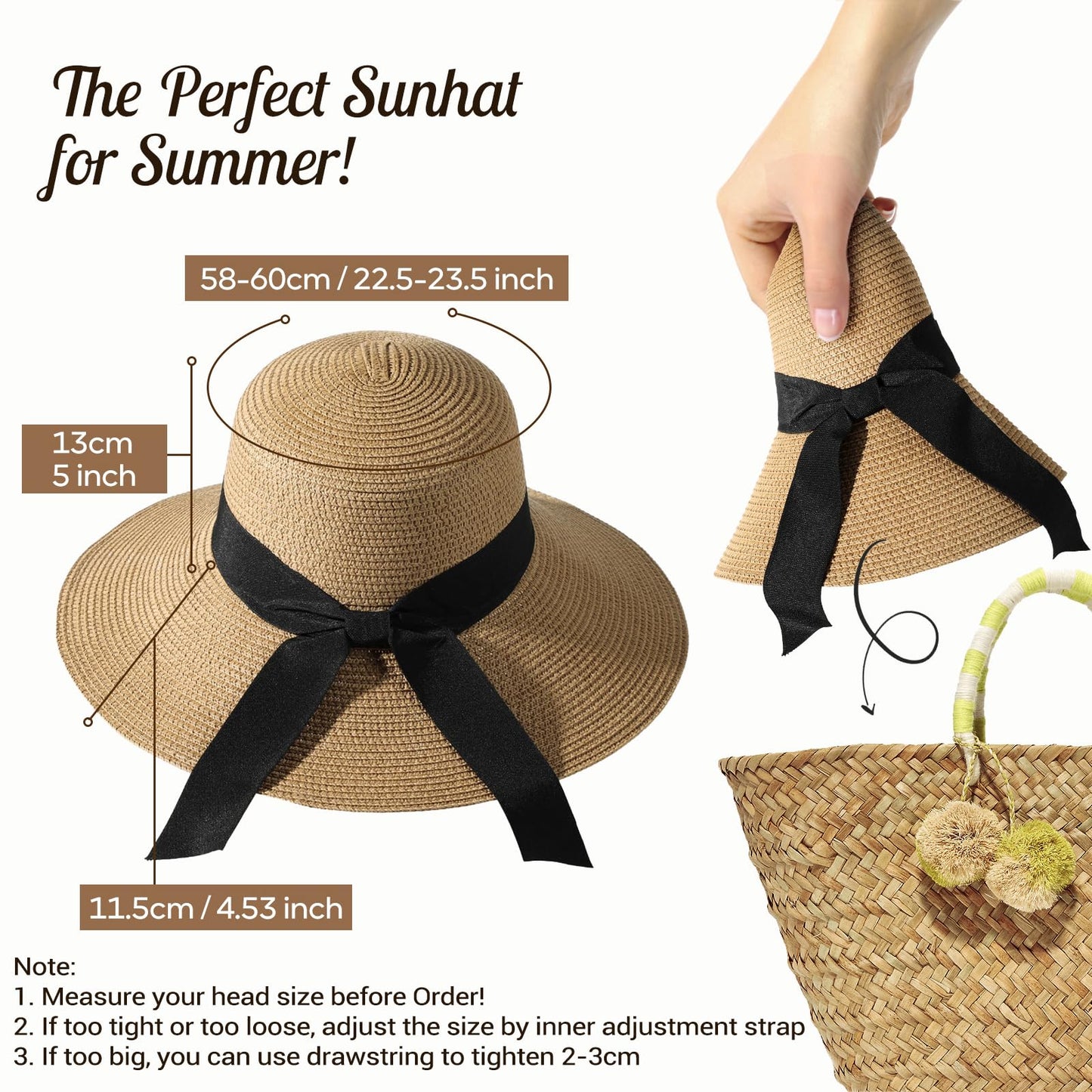 Sun Beach Hats for Women, Wide Brim Womens Straw Hat with Chin Strap, Foldable Beach Hats UV Protection