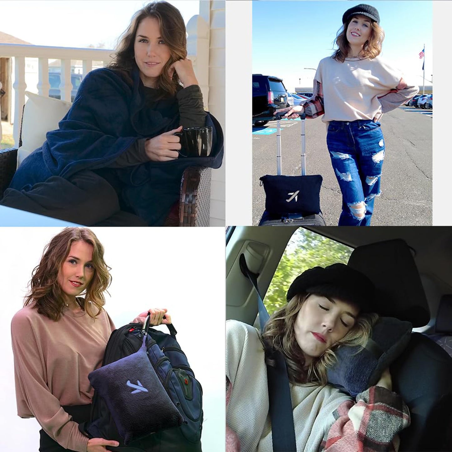 BlueHills Premium Soft Travel Blanket Pillow in Mini Soft Case Plush Airplane Blanket Compact Pack with Luggage Belt and Backpack Clip Long Flights Essentials Navy Blue M04